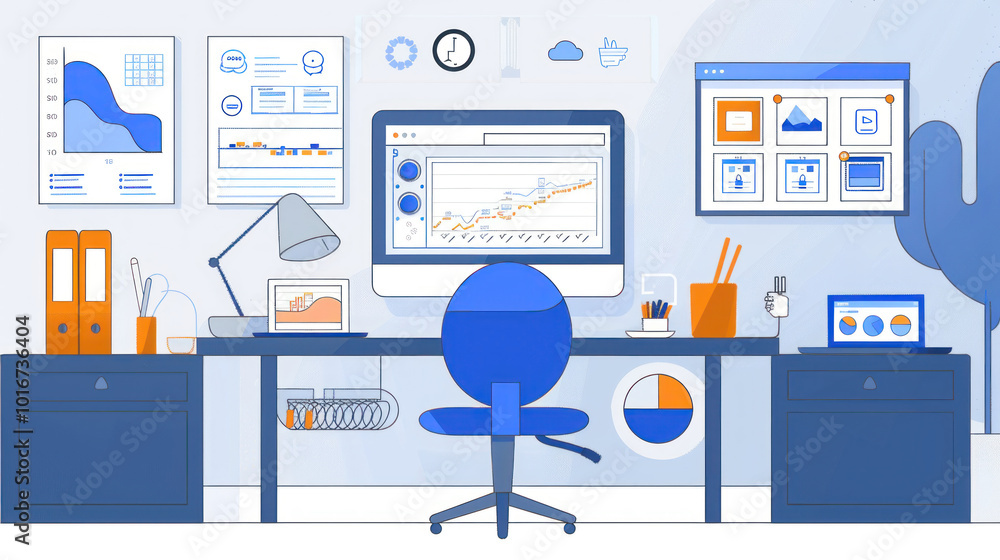 A virtual workspace setup where remote workers use cloud-based tools to manage their tasks and stay connected with their teams across different time zones. A virtual workspace setup where remote workers use cloud-based tools to manage their tasks and stay connected with their teams across different time zones.