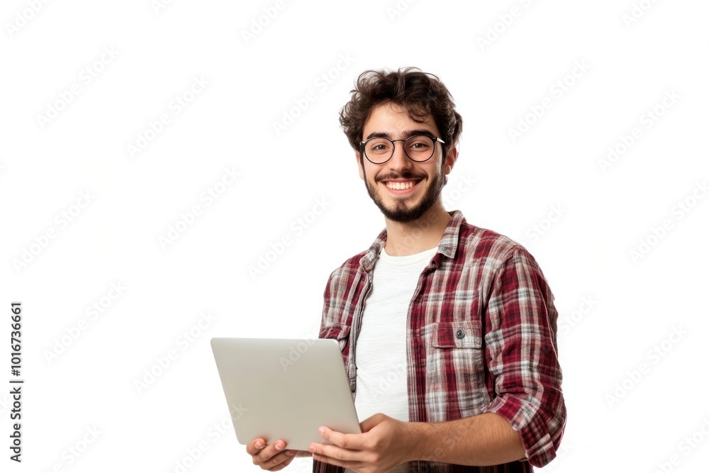 Smiling man with laptop background glasses happy. Smiling man with laptop background glasses happy.