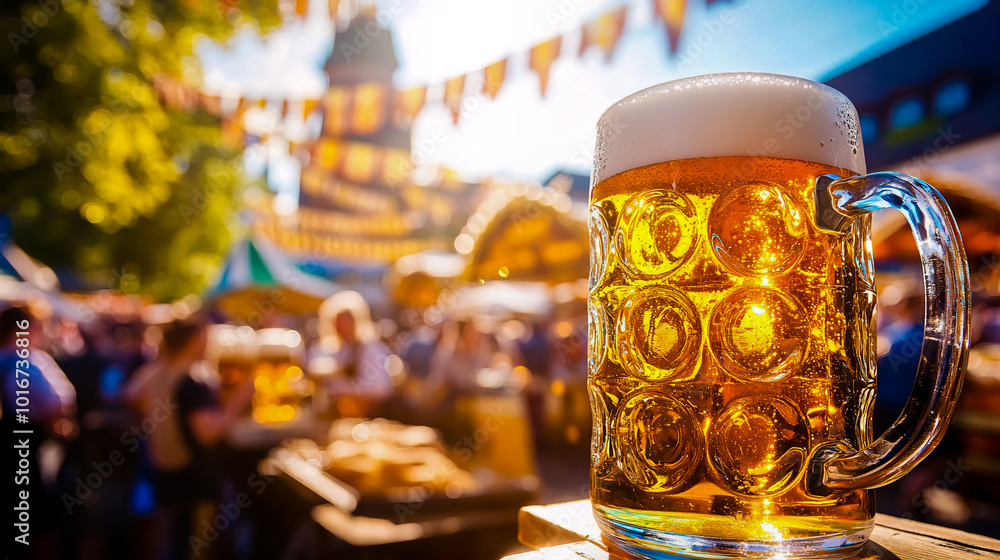 A vibrant Oktoberfest scene featuring traditional beer tents adorned with colorful decorations.
