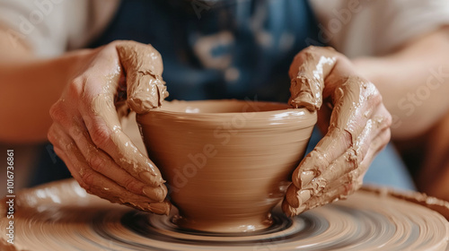 Creating pottery requires skill and focus, as seen in this image of hands shaping clay bowl on potters wheel. artists dedication is evident in smooth, wet clay photo