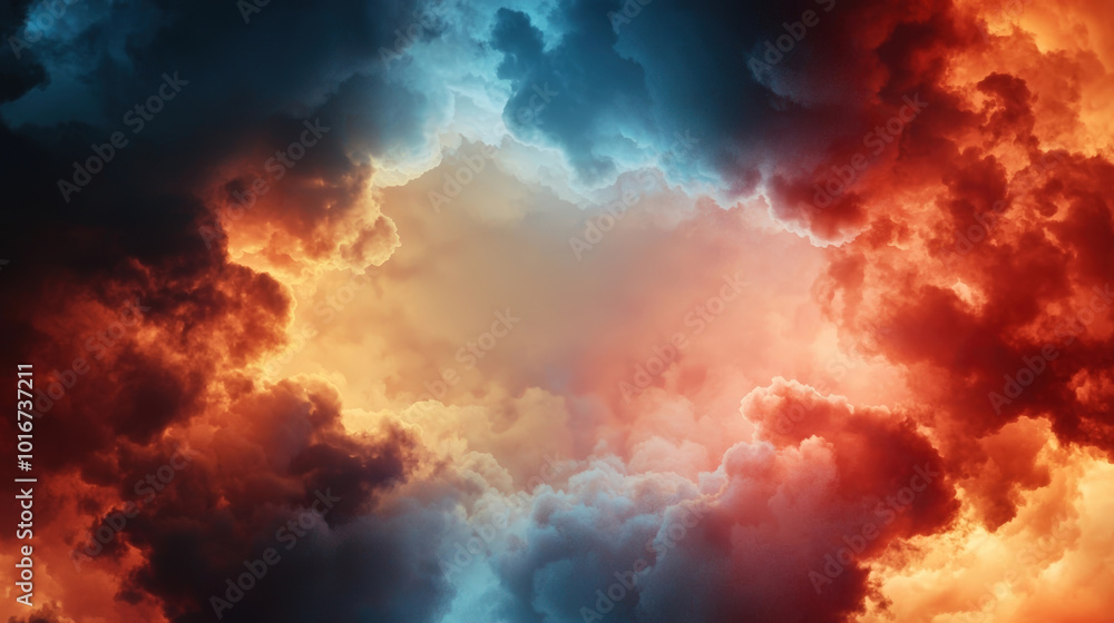 Dramatic clouds in vibrant hues of orange, blue, and red create stunning celestial scene, evoking sense of wonder and awe in sky Dramatic clouds in vibrant hues of orange, blue, and red create stunning celestial scene, evoking sense of wonder and awe in sky