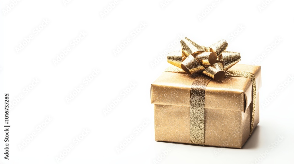 Elegant gold gift box with a shiny ribbon bow against a white background, perfect for special occasions and celebrations. Elegant gold gift box with a shiny ribbon bow against a white background, perfect for special occasions and celebrations.
