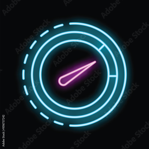 Neon sign showing a speedometer with glowing blue and pink lights on black background