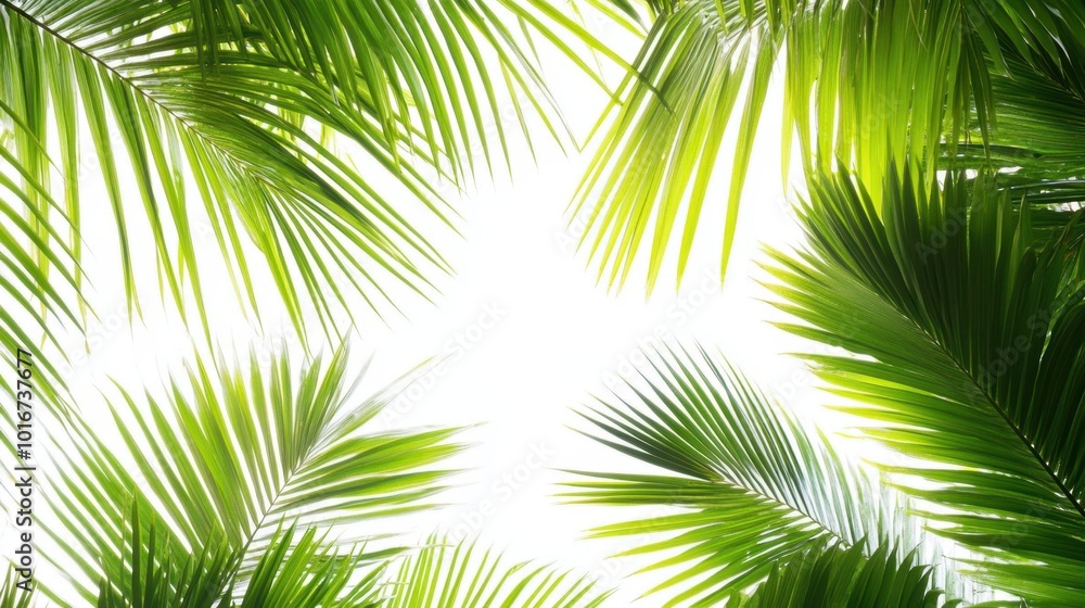 Lush green palm fronds fanning out against a clear sky, the texture and detail of the leaves emphasized in the sunlight Lush green palm fronds fanning out against a clear sky, the texture and detail of the leaves emphasized in the sunlight