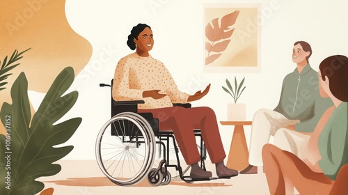 Illustration of a woman in a wheelchair engaging in a group conversation, highlighting inclusion, leadership, and community interaction.