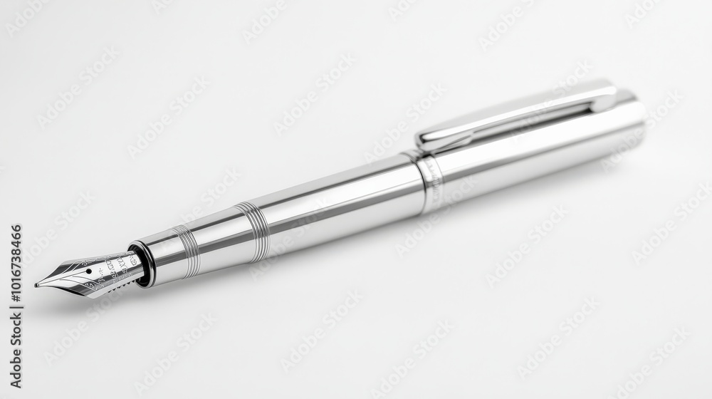 Elegant silver fountain pen on a white background, showcasing fine craftsmanship and luxury writing accessory perfect for stationery enthusiasts. Elegant silver fountain pen on a white background, showcasing fine craftsmanship and luxury writing accessory perfect for stationery enthusiasts.