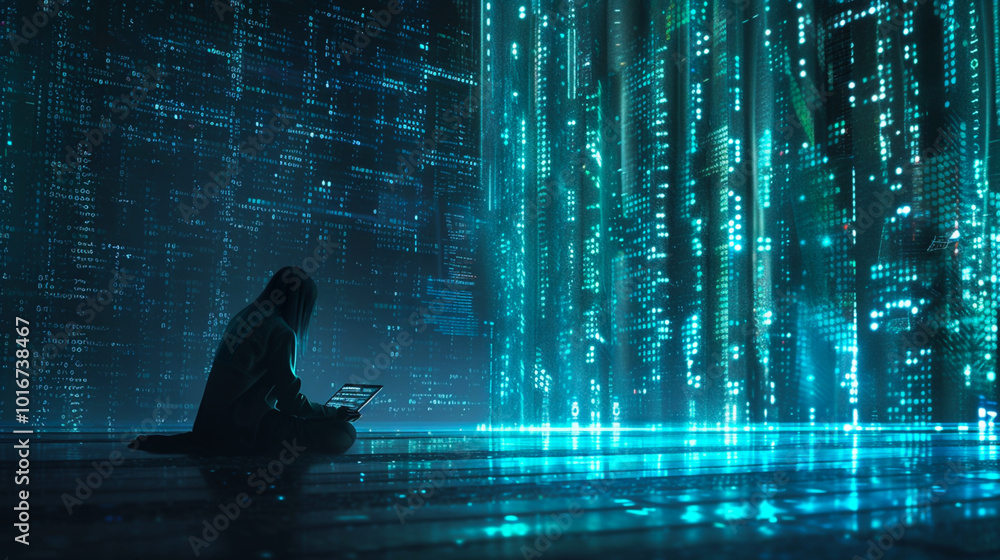 Hacker working on a laptop in a futuristic digital environment filled with data streams Hacker working on a laptop in a futuristic digital environment filled with data streams