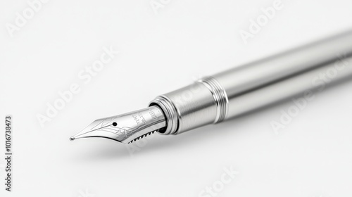 Elegant silver fountain pen with a sleek design, displayed on a white background, showcasing its craftsmanship and luxury writing appeal.