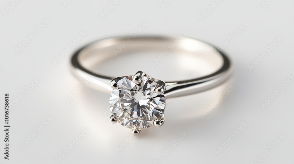 Elegant solitaire diamond ring on a smooth silver band displayed on a white background, showcasing timeless beauty and luxury. Elegant solitaire diamond ring on a smooth silver band displayed on a white background, showcasing timeless beauty and luxury.