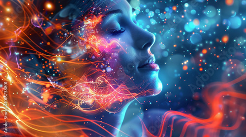 Woman with closed eyes surrounded by vibrant energy waves representing creativity and imagination