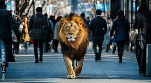 A majestic lion walks through a busy city street, surrounded by blurred pedestrians, symbolizing power, leadership, and dominance in urban life.. photo