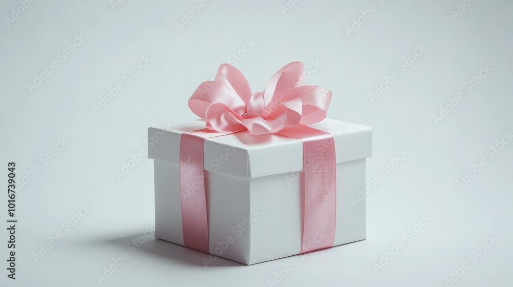 Fototapeta premium Elegant white gift box adorned with a delicate pink ribbon, set against a minimalist background, perfect for celebrations and special occasions.
