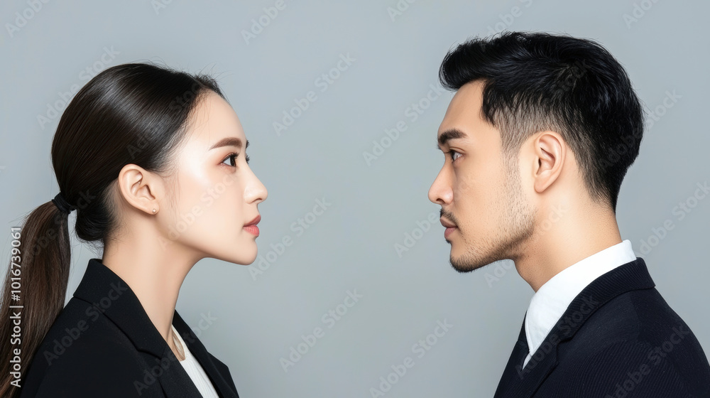 professional couple in business attire face each other, showcasing serious and focused expression. Their contrasting features highlight dynamic interaction professional couple in business attire face each other, showcasing serious and focused expression. Their contrasting features highlight dynamic interaction