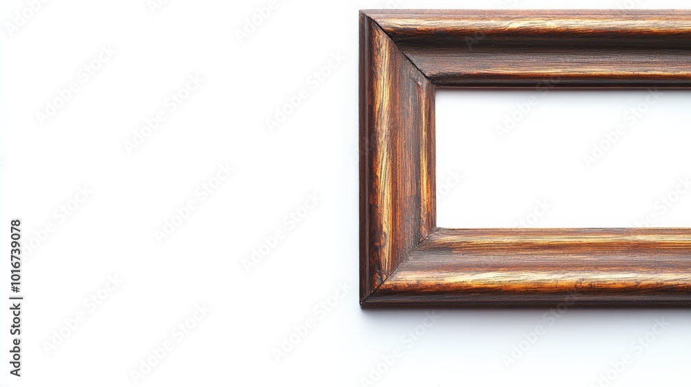 Elegant wooden picture frame corner on blank white background, perfect for artwork, photography, or decoration presentations. Elegant wooden picture frame corner on blank white background, perfect for artwork, photography, or decoration presentations.