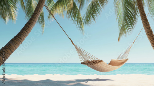 A serene beach scene featuring hammock swaying gently between palm trees, with clear blue skies and tranquil ocean waves in background. This idyllic setting evokes relaxation and peace