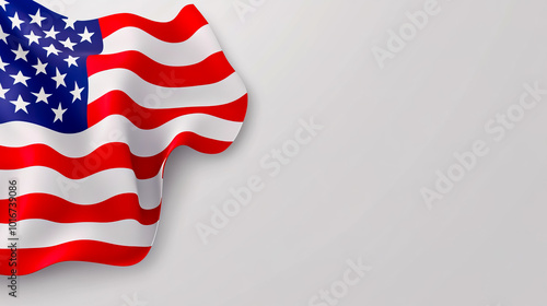 A waving colorful national flag of the United States set against a gray background, with empty space surrounding the flag.