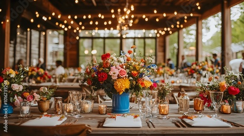 Vibrant and Festive Wedding with Colorful Floral Arrangements Playful Designs and Rustic Wooden Table Setting Creating a Lively and Joyous Atmosphere