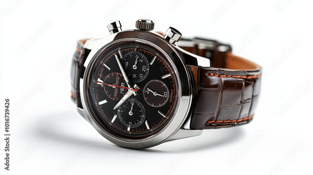 Elegant wristwatch with a dark dial and brown leather strap, showcasing intricate details and precision craftsmanship against a white background. Elegant wristwatch with a dark dial and brown leather strap, showcasing intricate details and precision craftsmanship against a white background.