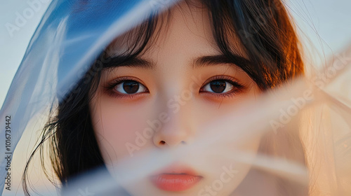 close up portrait of young woman with captivating eyes, partially obscured by sheer veil, creating dreamy and ethereal atmosphere. soft lighting enhances her delicate features and adds serene