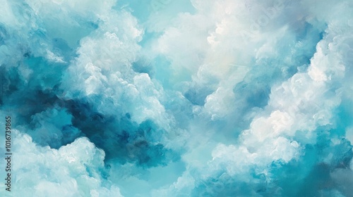 Soft, fluffy clouds in pastel blues and whites, floating gently in the sky, blending into each other to create a serene abstract scene