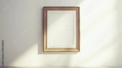 Empty wooden picture frame hanging on a plain white wall, casting gentle shadows in natural light. Minimalistic and elegant home decor.