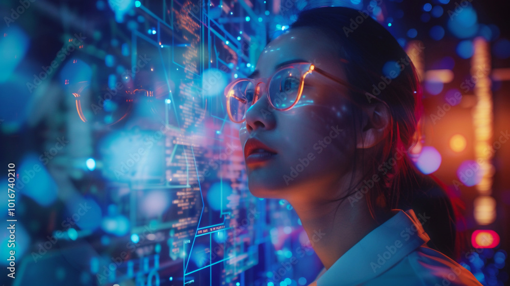 Naklejka premium Focused woman analyzing digital data on futuristic virtual interface