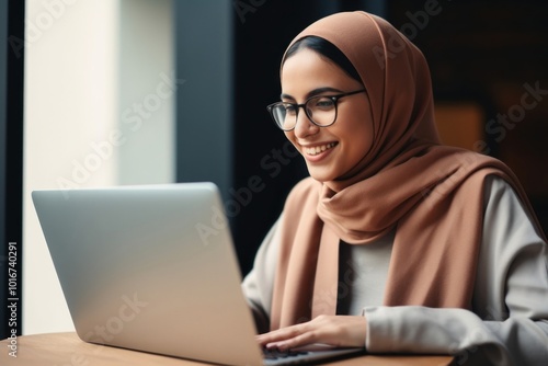 Muslim woman laptop computer glasses.