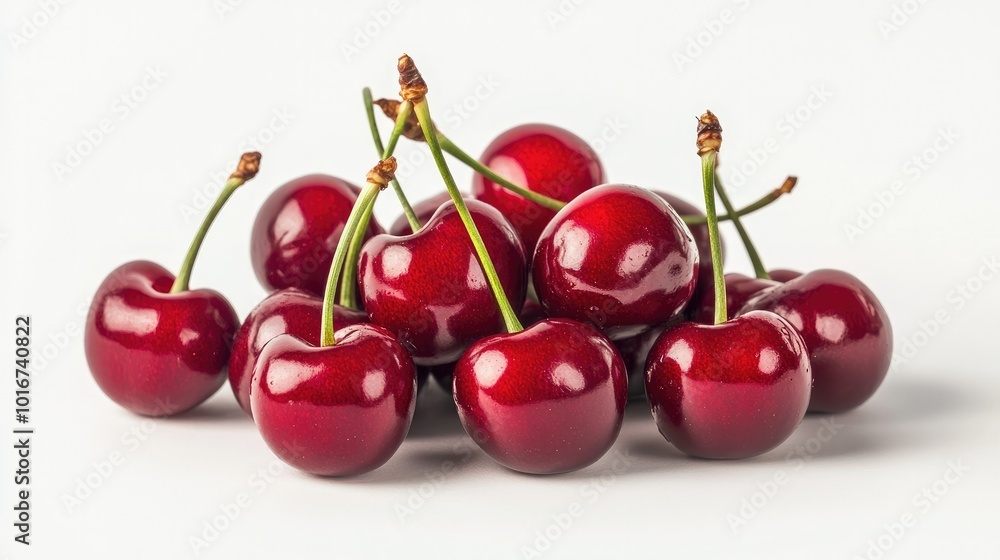 Close-up of a bunch of ripe, juicy red cherries with stems, isolated on a clean white background for a fresh, summery feel. Close-up of a bunch of ripe, juicy red cherries with stems, isolated on a clean white background for a fresh, summery feel.