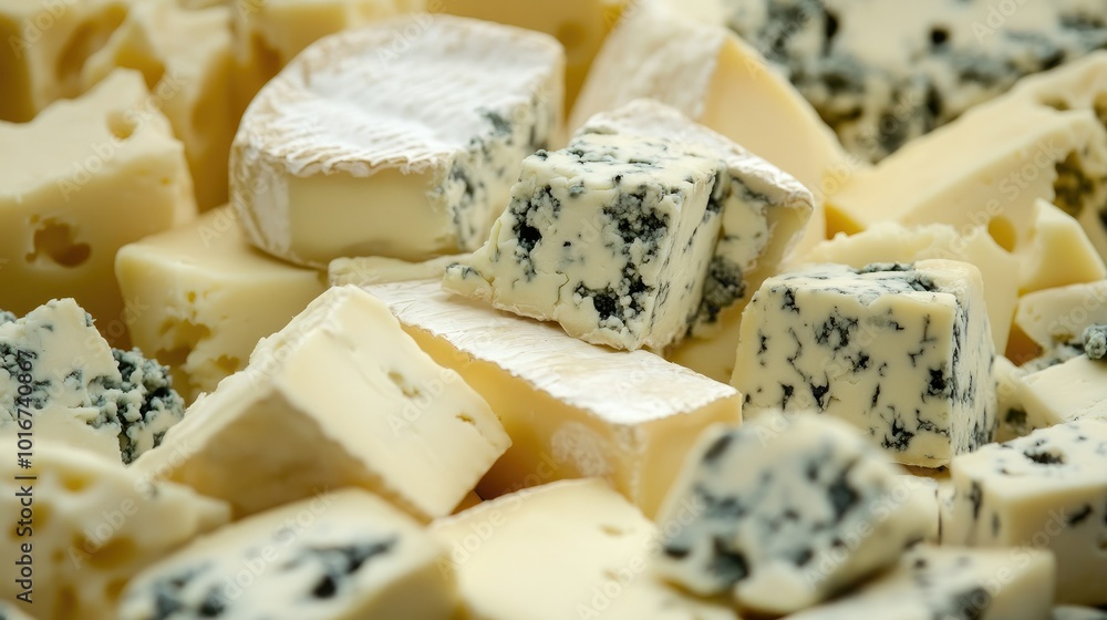 Close-up of gourmet cheeses, with blue cheese crumbles, brie slices, and Swiss cubes, highlighting textures for culinary displays. Close-up of gourmet cheeses, with blue cheese crumbles, brie slices, and Swiss cubes, highlighting textures for culinary displays.
