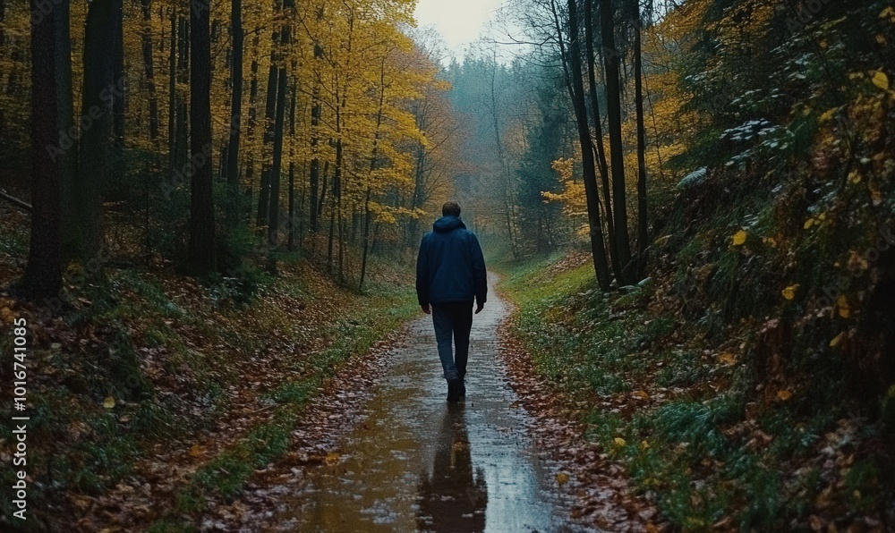 Fototapeta premium A lone hiker walks down a muddy path in a misty forest.
