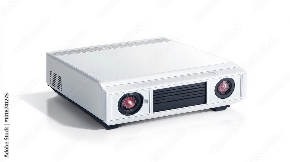 High-tech white projector on white background, featuring dual lens system for sharp image projection in home or office settings. High-tech white projector on white background, featuring dual lens system for sharp image projection in home or office settings.