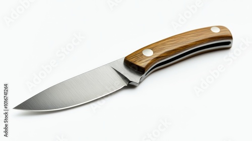 High-quality stainless steel knife with wooden handle on white background. Perfect for kitchen and outdoor use.