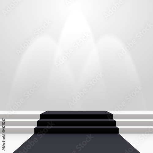 Black carpet on stairs with spot lights illuminating a podium. Blank template illustration with space for an object, person, logo, text. Presentation, gala, ceremony, awards concept.