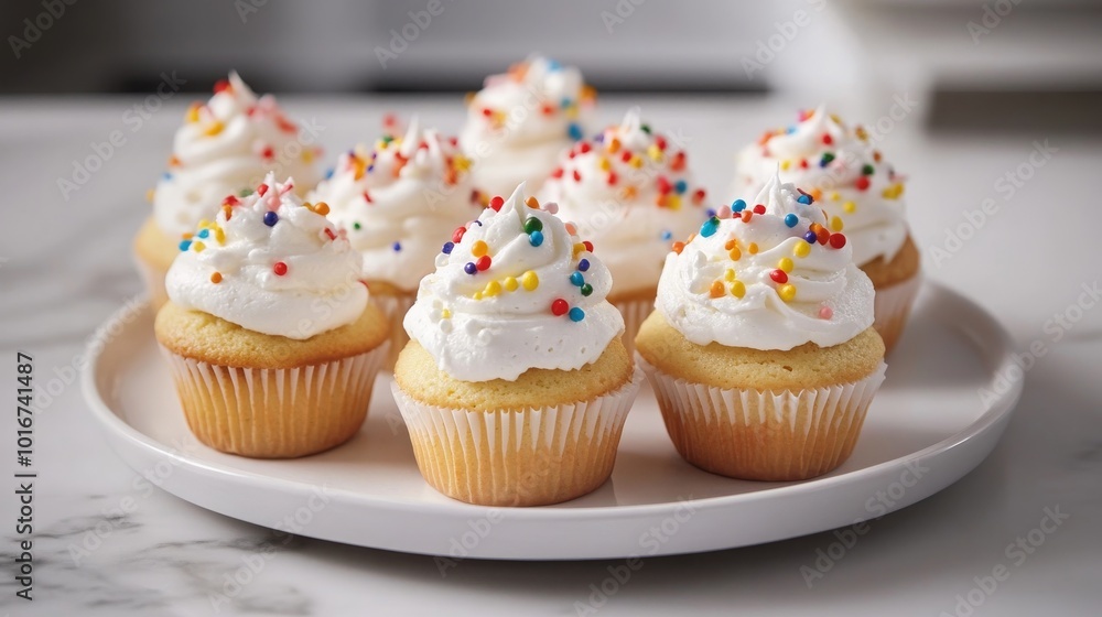 A plate of delicious cupcakes topped with whipped cream and colorful sprinkles. -- A plate of delicious cupcakes topped with whipped cream and colorful sprinkles. --