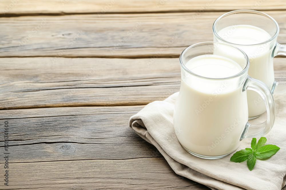 Pair of glass mugs with creamy milk rest on a beige napkin, accompanied by a fresh green herb, all atop a wooden surface Pair of glass mugs with creamy milk rest on a beige napkin, accompanied by a fresh green herb, all atop a wooden surface