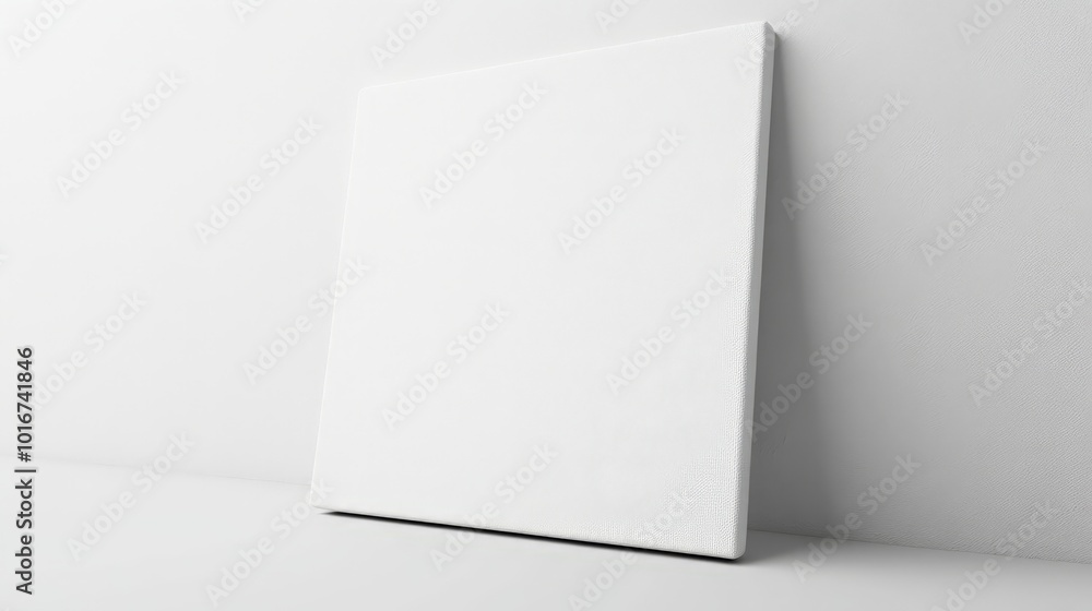 Minimalist blank canvas leaning against a white wall, ready for painting or artistic creation. Perfect for design and art projects. Minimalist blank canvas leaning against a white wall, ready for painting or artistic creation. Perfect for design and art projects.
