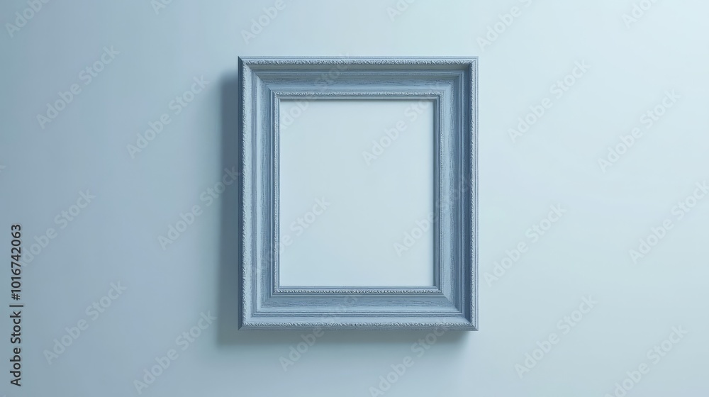 Minimalist blue picture frame on a light blue wall, perfect for art and design concepts, empty frame with stylish shadow. Minimalist blue picture frame on a light blue wall, perfect for art and design concepts, empty frame with stylish shadow.