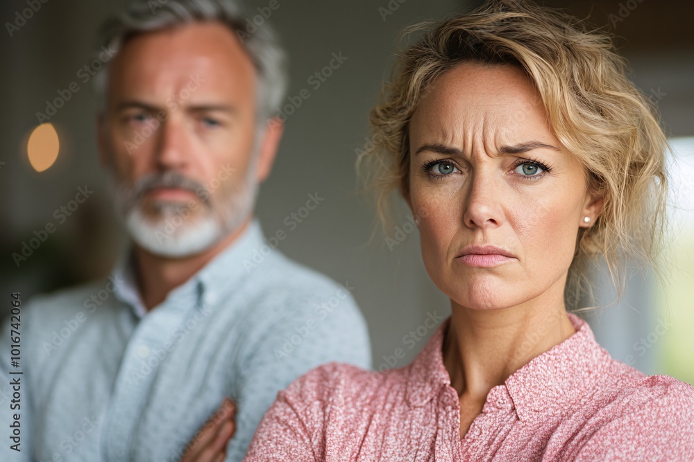 Middle-aged Couple in Tense Moment with Wife Expressing Frustration at Husband Middle-aged Couple in Tense Moment with Wife Expressing Frustration at Husband