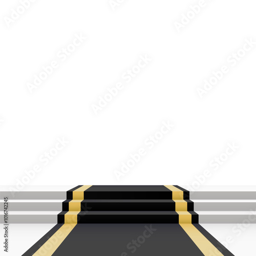 Black carpet on stairs on white background. Blank template illustration. Presentation, gala, ceremony, awards concept. PNG isolated on transparent background and vector illustration