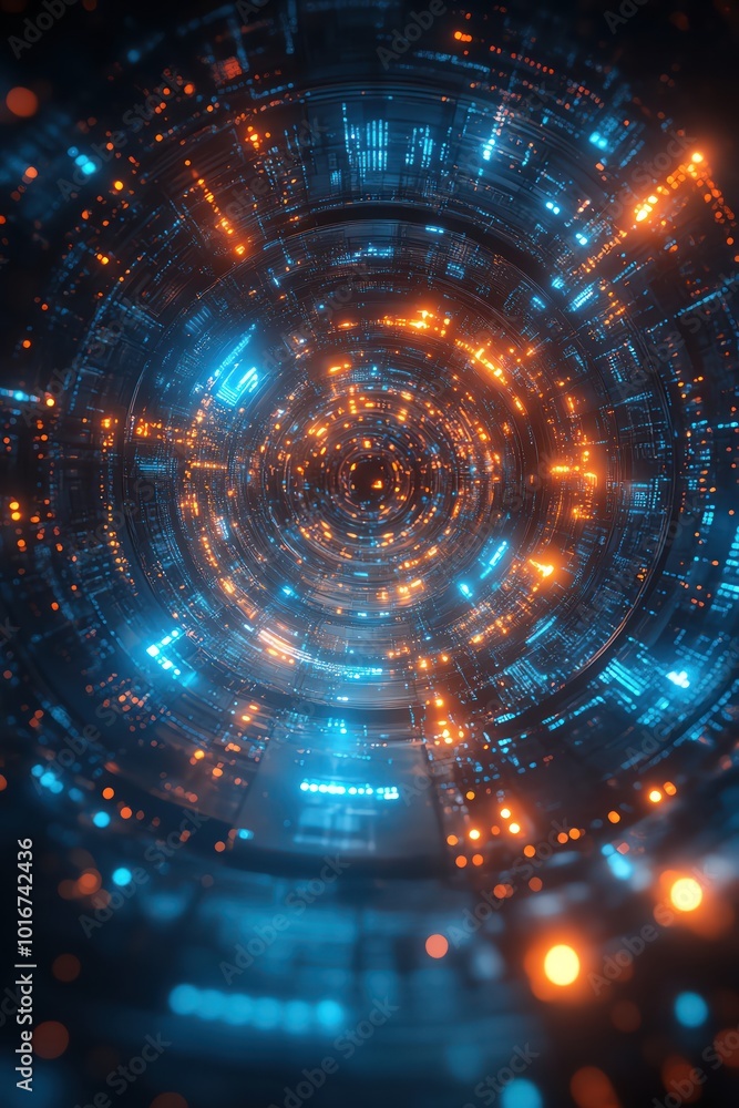 Obraz premium Circular digital interface glowing blue light, futuristic data network swirling with energy and precision