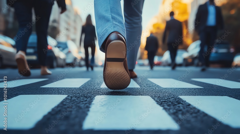 Fototapeta premium Closeup of businesspeoples feet crossing a city street on a zebra crossing