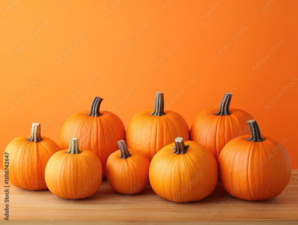 Pumpkins arranged on a wooden table with an orange backdrop Pumpkins arranged on a wooden table with an orange backdrop