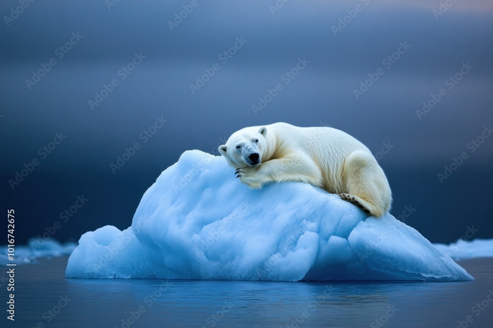 Naklejka premium Polar bear sleeping peacefully on ice flow in arctic ocean