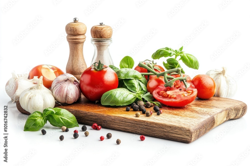 © Minerva Studio - Fresh tomatoes and basil resting on rustic cutting board with spices