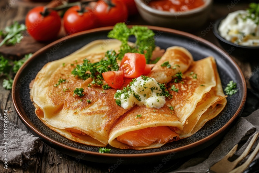 Delicious golden crepes filled with smoked salmon and cream cheese being served on dark plate Delicious golden crepes filled with smoked salmon and cream cheese being served on dark plate