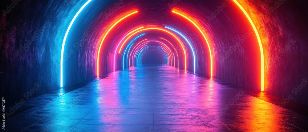 Futuristic glowing tunnel in blue and orange neon light hightech pathway vanishing into the distance Futuristic glowing tunnel in blue and orange neon light hightech pathway vanishing into the distance