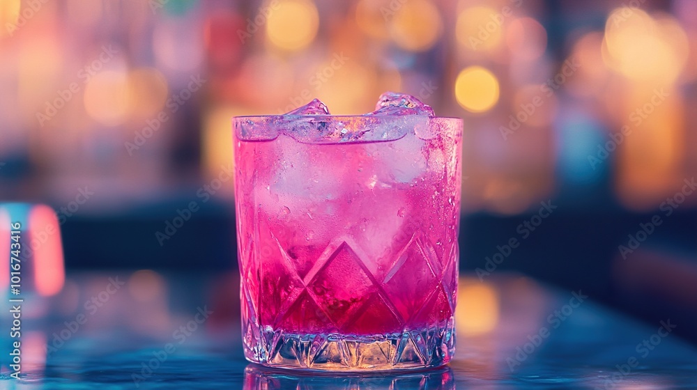 Pink Cocktail with Ice Cubes in a Glass on a Bar Counter Pink Cocktail with Ice Cubes in a Glass on a Bar Counter