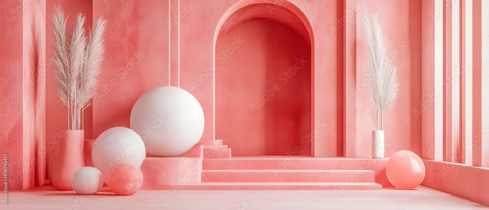 Fototapeta premium Carefully curated minimalist monochromatic decor arrangement featuring a harmonious interplay of geometric shapes textures and tones creating a balanced and visually captivating display