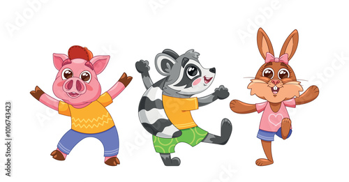 Charming Cartoon Animals Joyfully Dancing Together. Illustration of Pig, Raccoon, Rabbit Show Off Their Energetic Moves