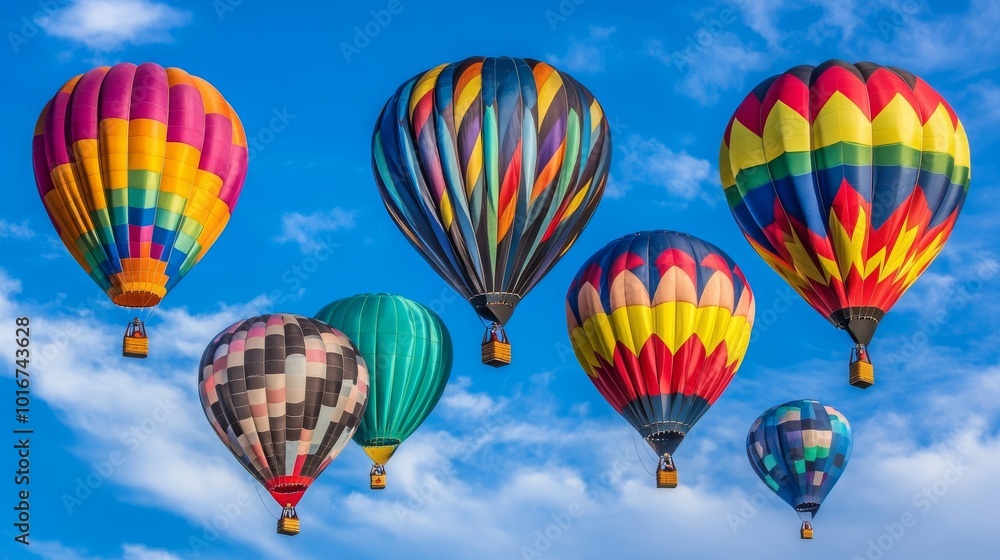 Fototapeta premium Colorful hot air balloons soaring through a cloudy sky, EPS transparency. 